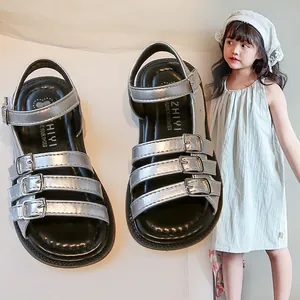 Trendy silver metallic girls' Roman sandals with multi-strap buckle design and non-slip sole