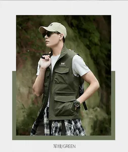 Men's army green outdoor utility vest with functional multi-pocket design shown on model