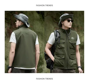 Front and back detail views of green multi-pocket outdoor vest on male model outdoors
