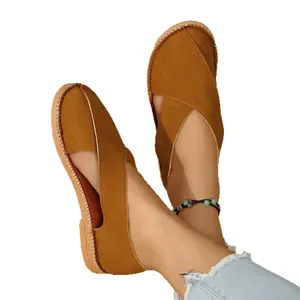 Sandales romaines vintage en daim marron pour femmes, chaussures plates d'été à bout fermé