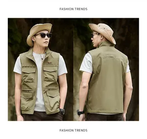 Front and back views of a men's khaki outdoor vest with multiple utility pockets