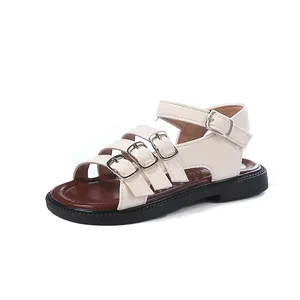 Off-white girls' Roman style beach sandals with multiple buckled straps and non-slip sole