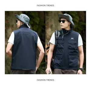 Detailed front and back views of a men's lightweight multi-pocket outdoor vest in navy blue