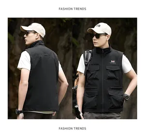 Detailed views of a men's black outdoor multi-pocket vest in a natural setting