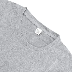 Close-up of the round neckline and fabric texture of a grey heavyweight terry t-shirt