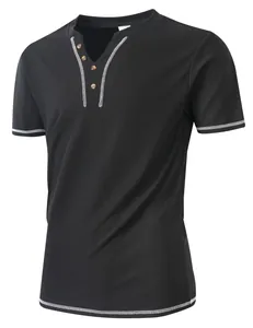 Men's black Henley T-shirt with V-neck button placket and contrast stitching.