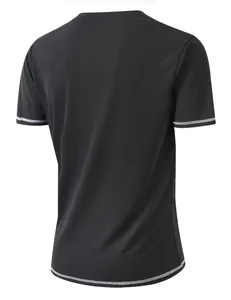 Rear view of black casual men's Henry T-shirt showing white stitching details