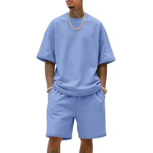 Detail of men's blue oversized high street set in heavyweight french terry fabric.