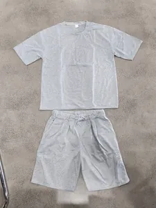 Detail view of men's grey heavy loopback cotton t-shirt and shorts co-ord set