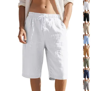 Men's summer linen casual drawstring shorts shown in various colors for beach wear