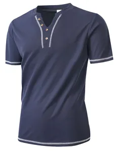 Close-up of navy blue men's Henley shirt with V-neck and contrast white stitching