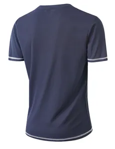 Back view of navy blue short sleeve Henley shirt with contrast stitching details.