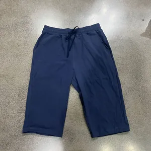 Detail view of navy blue linen blend casual cropped pants with drawstring waist
