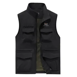 Men's Outdoor Casual Cargo Vest Lightweight Breathable Mesh Lining Multi-Pocket Stand Collar Polyester Waistcoat For Fishing Camping Top