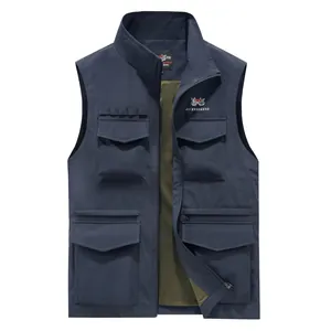 Men's outdoor multi-pocket casual vest in navy blue featuring breathable mesh lining