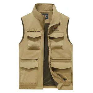 Lightweight khaki multi-pocket outdoor vest for men with stand-up collar design.