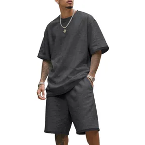 Detailed view of grey heavyweight terry cotton short set for men featuring a relaxed fit.