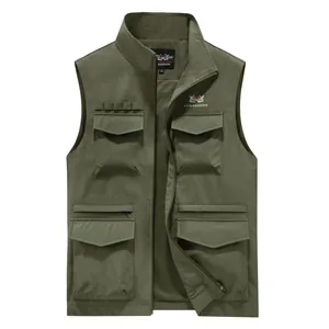 Men's olive green outdoor utility vest featuring a multi-pocket design and front zipper