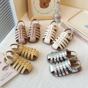 Kids Roman Sandals Synthetic Leather Hollow Woven Soft Sole Closed Toe Summer Beach Korean Style Retro Toddler Girls Boys Shoes