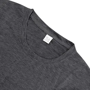 Detailed macro view of the neckline and French Terry fabric texture on a gray men's t-shirt