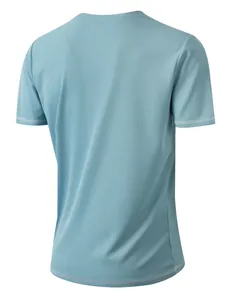 Back view of light blue athletic short sleeve t-shirt featuring textured mesh fabric