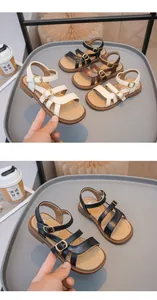 Close-up of stylish children's open-toe sandals in various colors with buckle straps