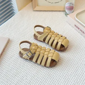 Classic beige children's woven cutout Roman sandals with soft soles for summer beach wear