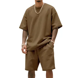 Men's oversized brown heavy terry cotton t-shirt and shorts set in urban street style