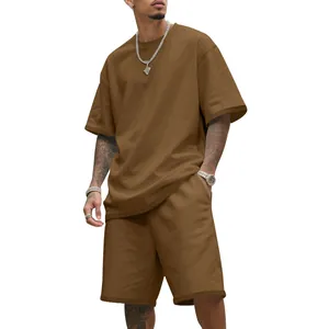 Men's brown oversized heavy terry cotton t-shirt and shorts set for summer street style