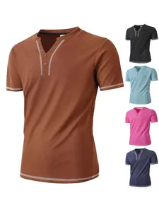 Men's Casual Short Sleeve Henley Shirt V Neck Button Waffle Texture T-Shirt With Contrast Stitching Cotton Blend Top