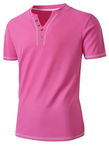 Men's casual pink short-sleeve Henley shirt with V-neck and button placket detail