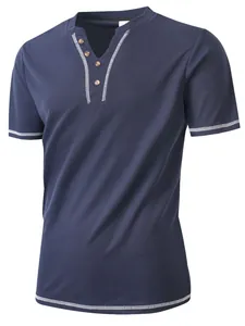 Men's navy blue short sleeve Henley shirt with waffle knit texture and contrast stitching.