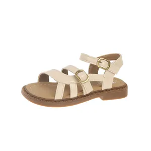Elegant girls' beige summer sandals with adjustable gold buckles and durable soles