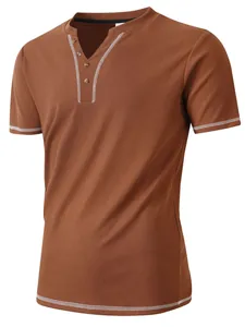 Classic men's short sleeve waffle Henley shirt in brown with contrast white stitching