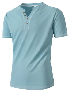 Men's casual light blue short sleeve Henley shirt with V-neck and waffle texture