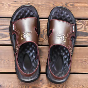 Men's brown leather sandals for summer beach walking and casual outdoor hiking