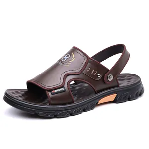 Men's brown leather sandals for beach and outdoor activities with adjustable heel strap