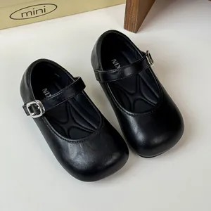 Classic black faux leather girls' Mary Jane shoes with silver buckle for formal wear
