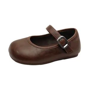 Vintage French style girls dark brown Mary Jane leather shoes with metal buckle strap