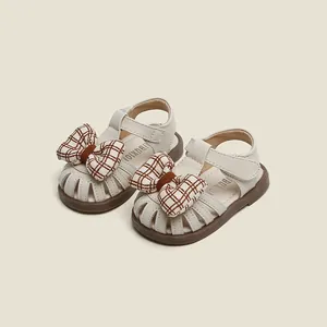 Elegant infant girl closed-toe sandals with decorative plaid bow and soft anti-slip sole