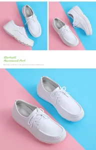 Multiple views of white lace-up nurse shoes with thick non-slip soles on a colorful background