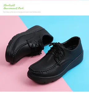 Close-up of black lace-up nurse shoes with wedge heels on pink and blue background