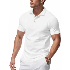 Detailed view of a crisp white men's short-sleeved polo shirt on a muscular model.