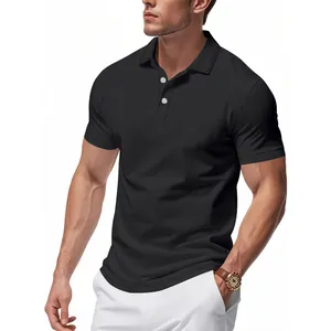 Detailed shot of a classic black short-sleeved quick-dry Polo shirt on a male model