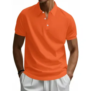 Detailed view of the bright orange quick-dry Polo shirt with white button placket.
