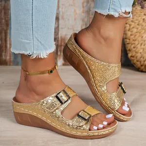 Women's Wedge Platform Sandals Fashion Double Buckle Strap Sandals Crocodile Pattern Open Toe Summer Casual Wedge Heel Shoes