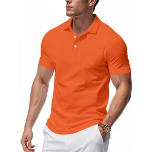 Close-up view of a vibrant orange quick-dry short-sleeved Polo shirt on a male model