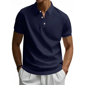 Detailed view of a navy blue quick-dry polo shirt featuring a classic three-button placket