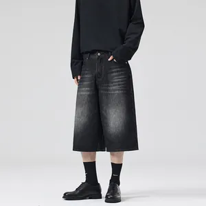 Men's American style loose straight-leg washed black denim wide-leg shorts for street style