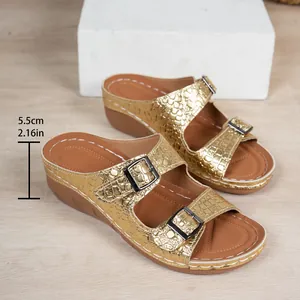 Stylish golden crocodile embossed platform wedge sandals with 5.5cm heel and double buckle straps